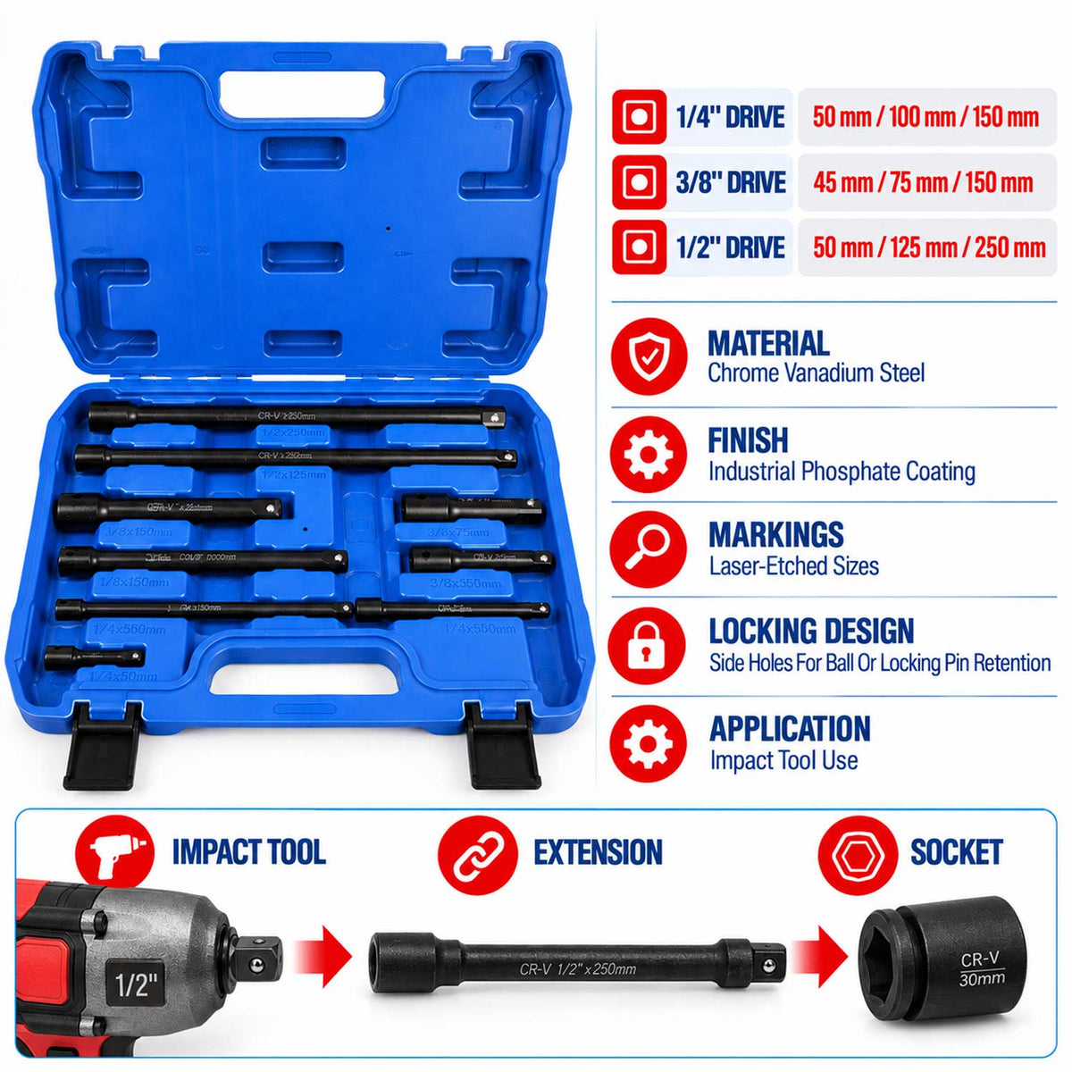 Set prelungitoare de forta 9 piese 1/4 3/8 1/2 GEBO TOOLS