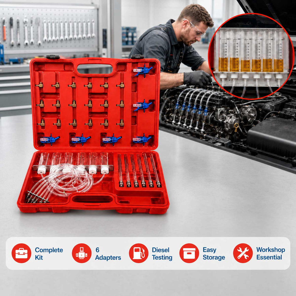 Trusa verificare pierderi retur combustibil – kit test debit injectoare diesel COMMON RAIL, adaptor motoare pana la 6 cilindri GEBO TOOLS