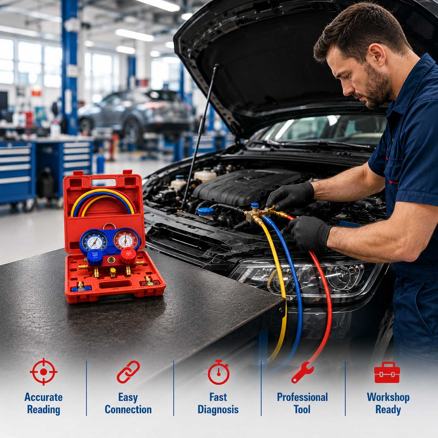 Trusa verificare presiune aer conditionat si incarcare umplere diagnosticare instalatii aer conditionat GEBO TOOLS