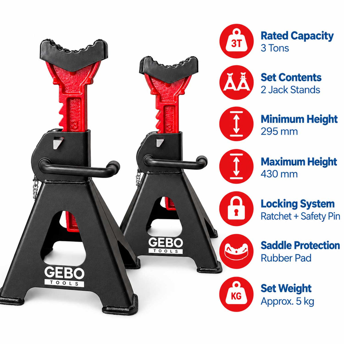 Set 2 capre 3T 29.5-43cm sustinere auto cu siguranta blocare dubla si tampon de cauciuc pentru protectie prag auto GEBO TOOLS