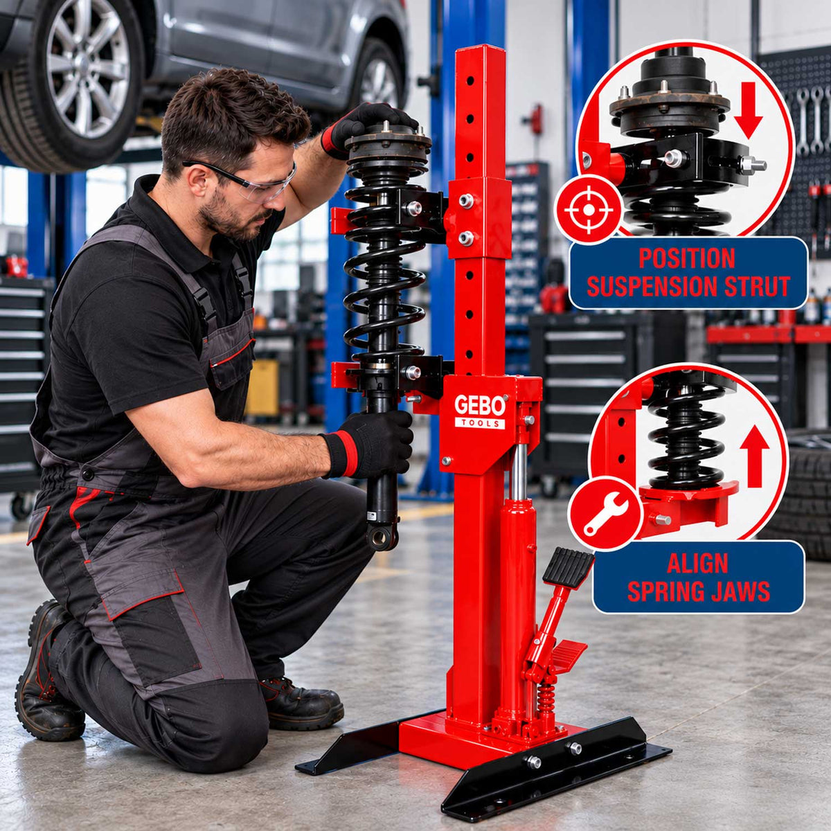 Presa arcuri hidraulica 1T tip stand pentru montare demontare arcuri amortizoare flanse telescoape GEBO TOOLS