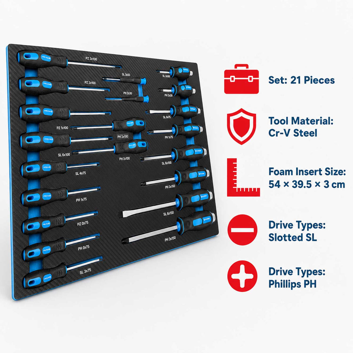 Modul dulap scule cu surubelnite profesionale, 21 piese GEBO TOOLS