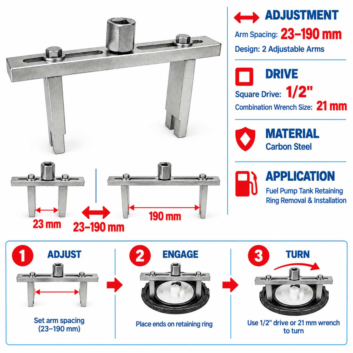 Cheie reglabila capac pompa de combustibil pentru rezervor 23-190mm GEBO TOOLS