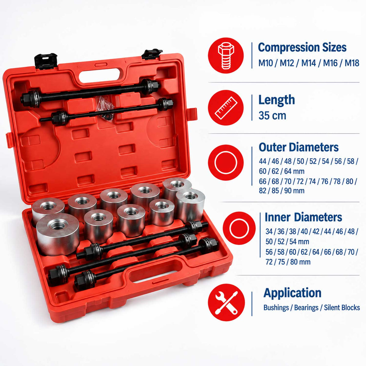 Trusa prese extras si montat bucsi si rulmenti suspensie,  SILENT BLOCK 34-90mm 27 piese GEBO TOOLS