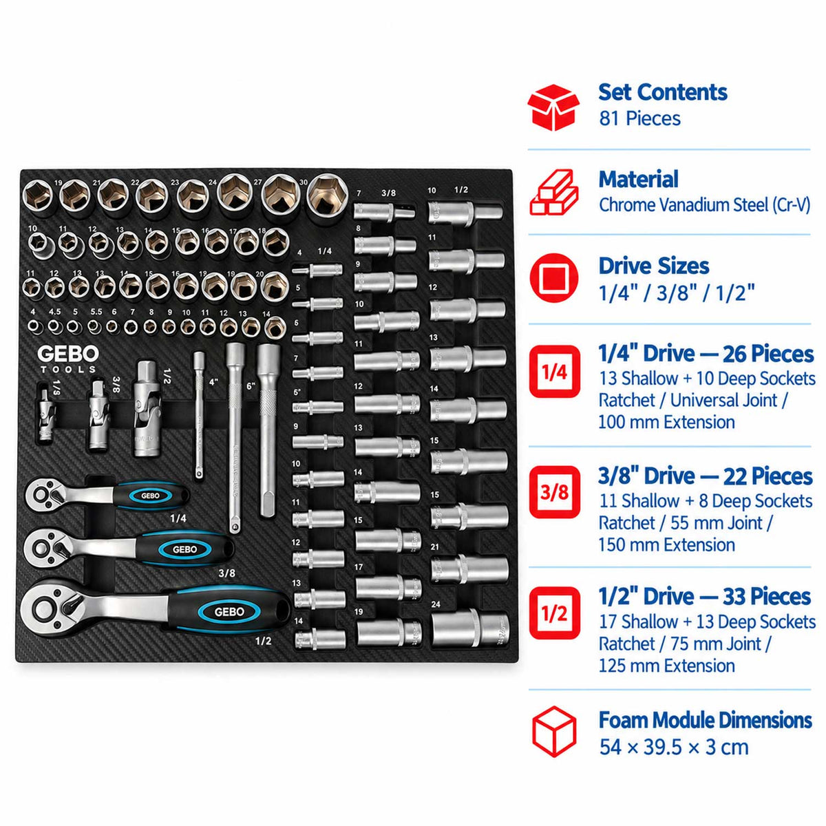 Trusa profesionala GEBO TOOLS 81 piese – modul dulap cu chei tubulare lungi si scurte, biti, prelungitoare, adaptoare si clicheti 1/2”, 3/8”, 1/4” cr-v