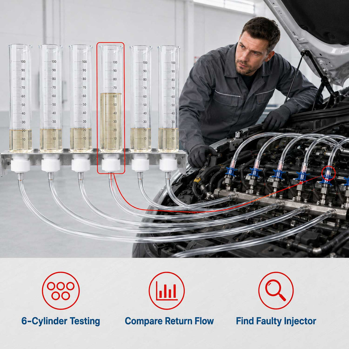 Trusa verificare pierderi retur combustibil – kit test debit injectoare diesel COMMON RAIL, adaptor motoare pana la 6 cilindri GEBO TOOLS