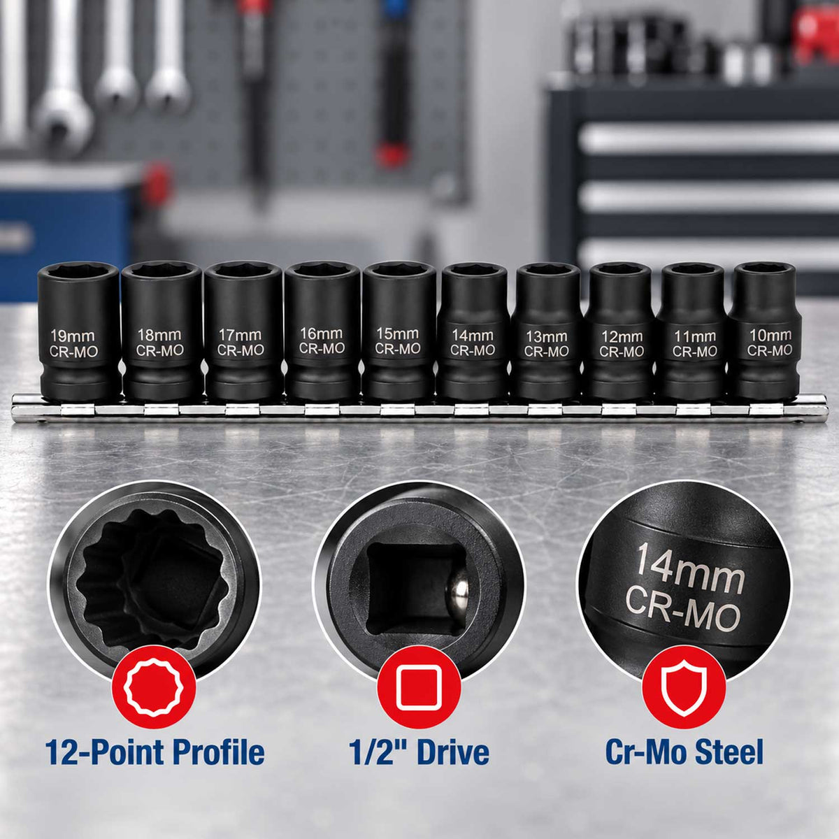 Set 10 tubulare bi-hexagonale scurte de impact 1/2 12 laturi GEBO TOOLS