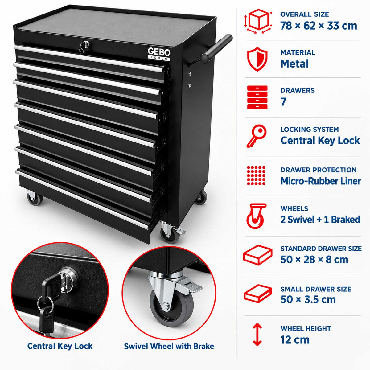 Dulap metalic neechipat pentru scule, cu 7 sertare, negru, cu roti 78 x 62 x 33 cm GEBO TOOLS