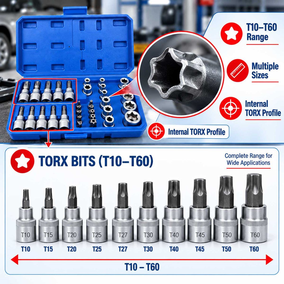 Trusa chei tubulare profil e biti TORX 3/8 34 piese t10-t60 e4-e20 GEBO TOOLS