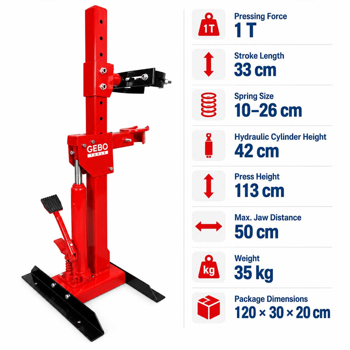 Presa arcuri hidraulica 1T tip stand pentru montare demontare arcuri amortizoare flanse telescoape GEBO TOOLS