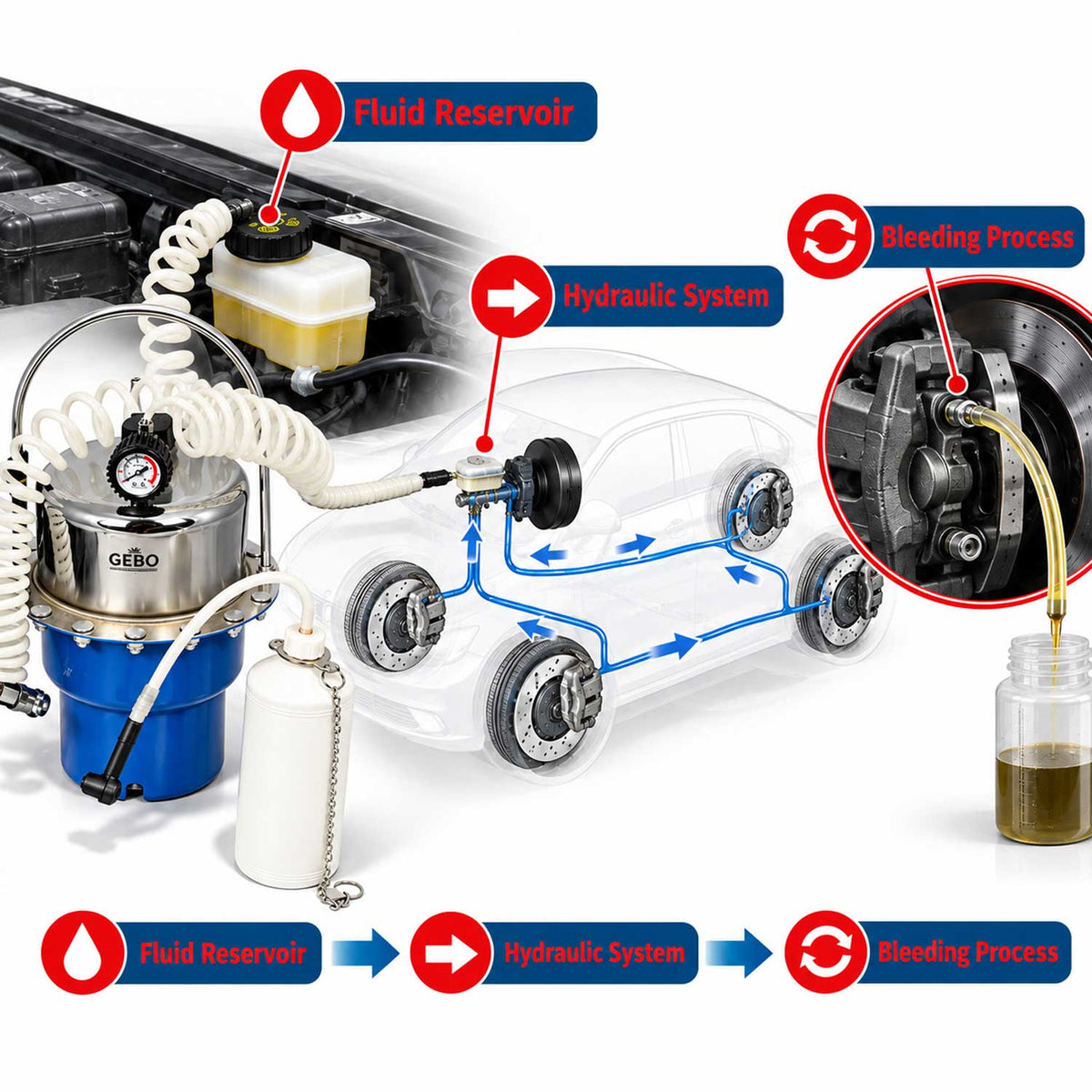 Dispozitiv de aerisit si schimbat lichid de frana universala cu adaptoare GEBO TOOLS