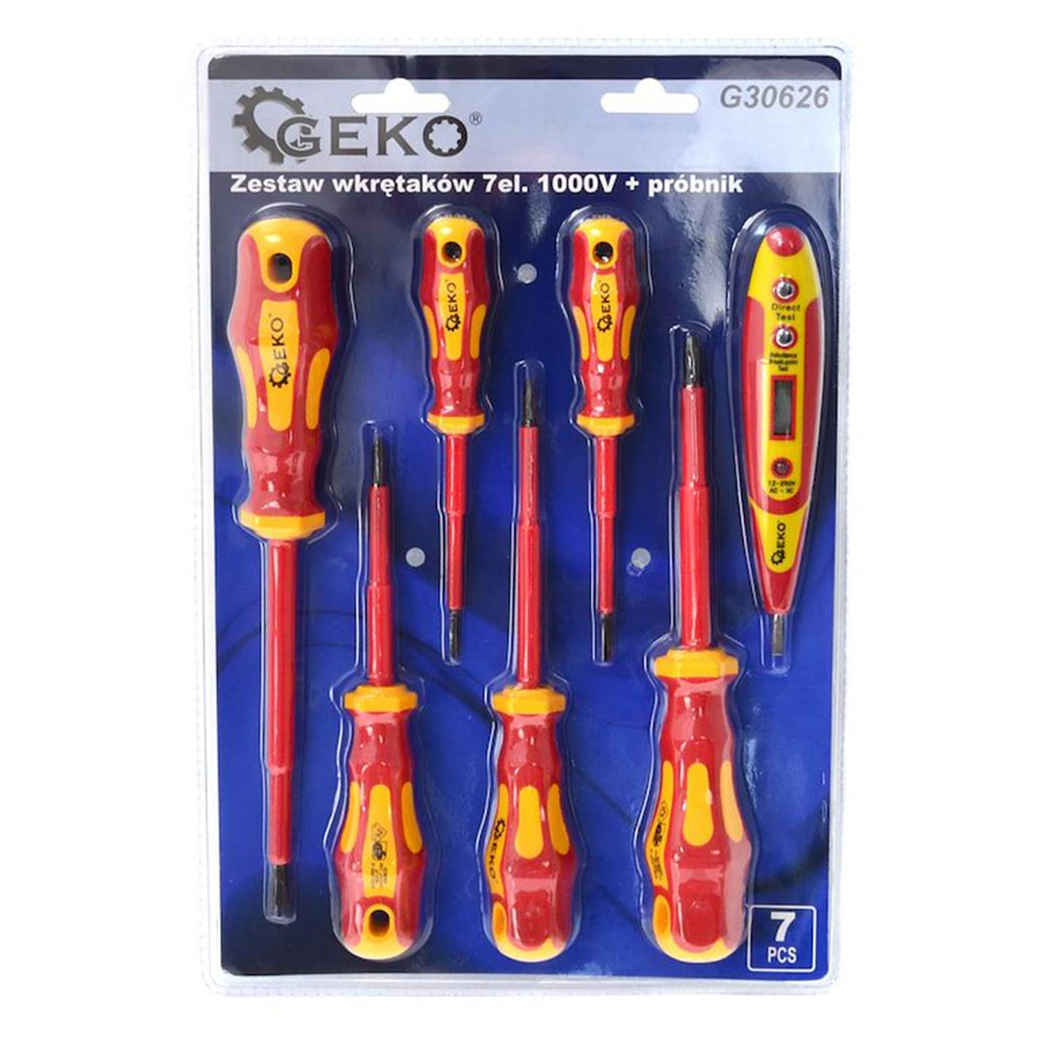 SET SURUBELNITE IZOLATE PENTRU ELECTRICIENI  1000V SI TESTER DIGITAL DE TENSIUNE 7 PIESE GEKO
