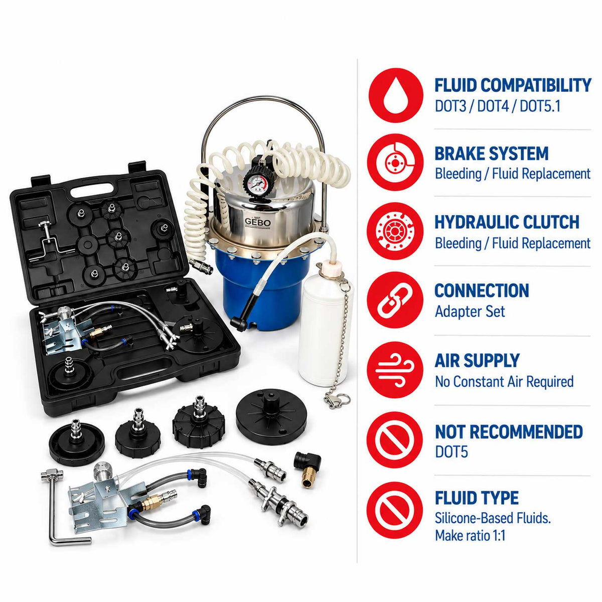 Dispozitiv de aerisit si schimbat lichid de frana universala cu adaptoare GEBO TOOLS