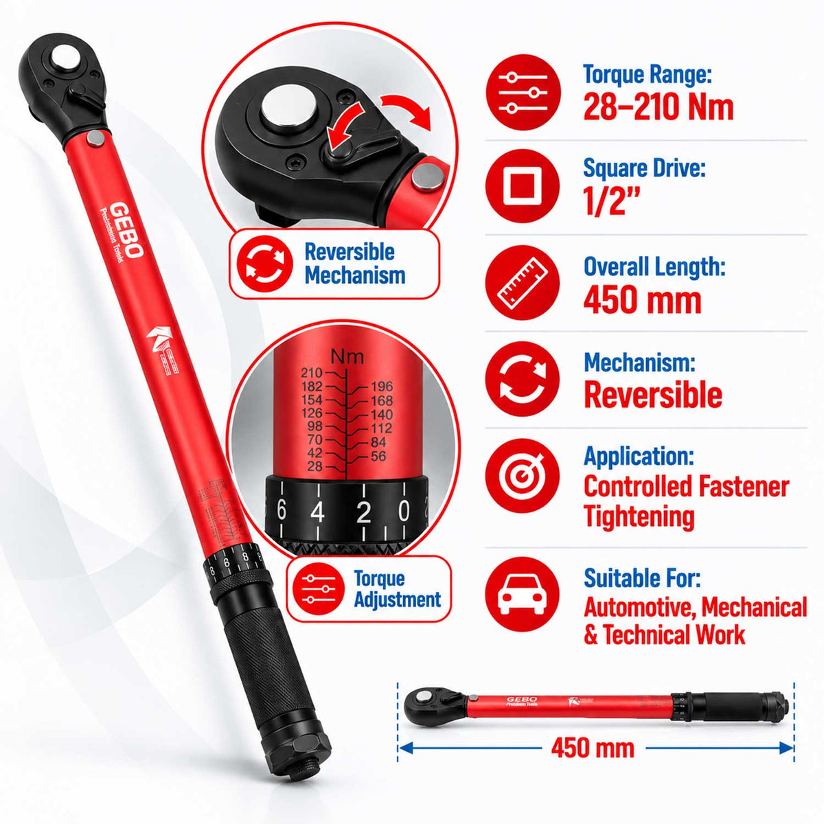 Cheie dinamometrica 1/2 28-210 NM GEBO TOOLS