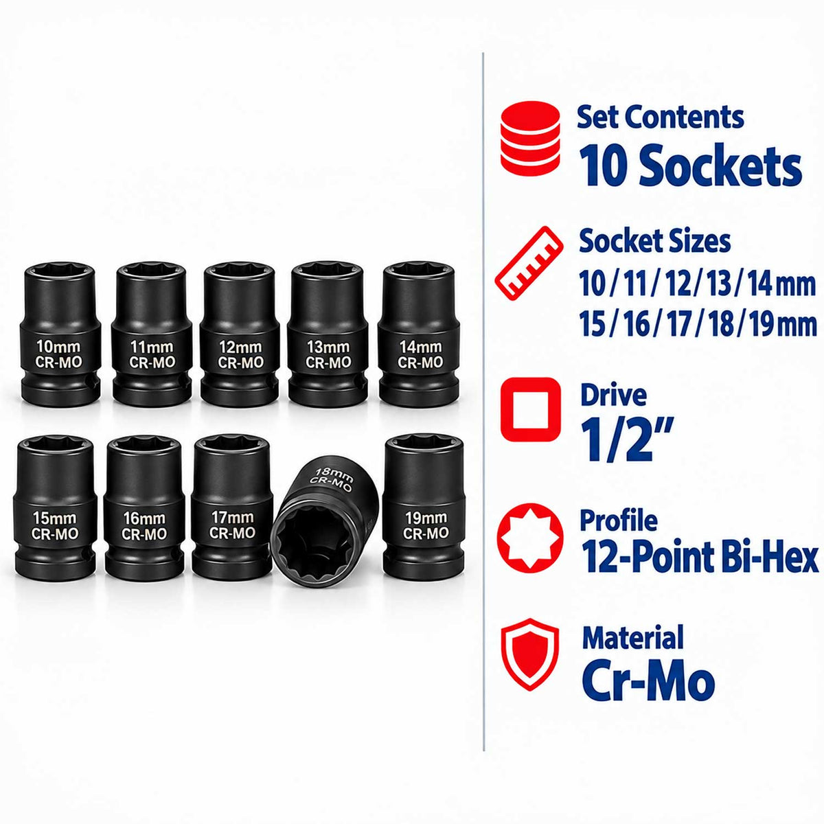 Set 10 tubulare bi-hexagonale scurte de impact 1/2 12 laturi GEBO TOOLS