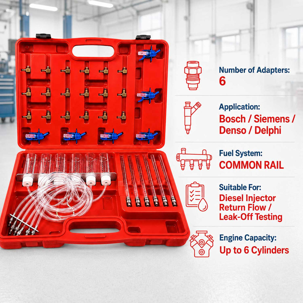 Trusa verificare pierderi retur combustibil – kit test debit injectoare diesel COMMON RAIL, adaptor motoare pana la 6 cilindri GEBO TOOLS