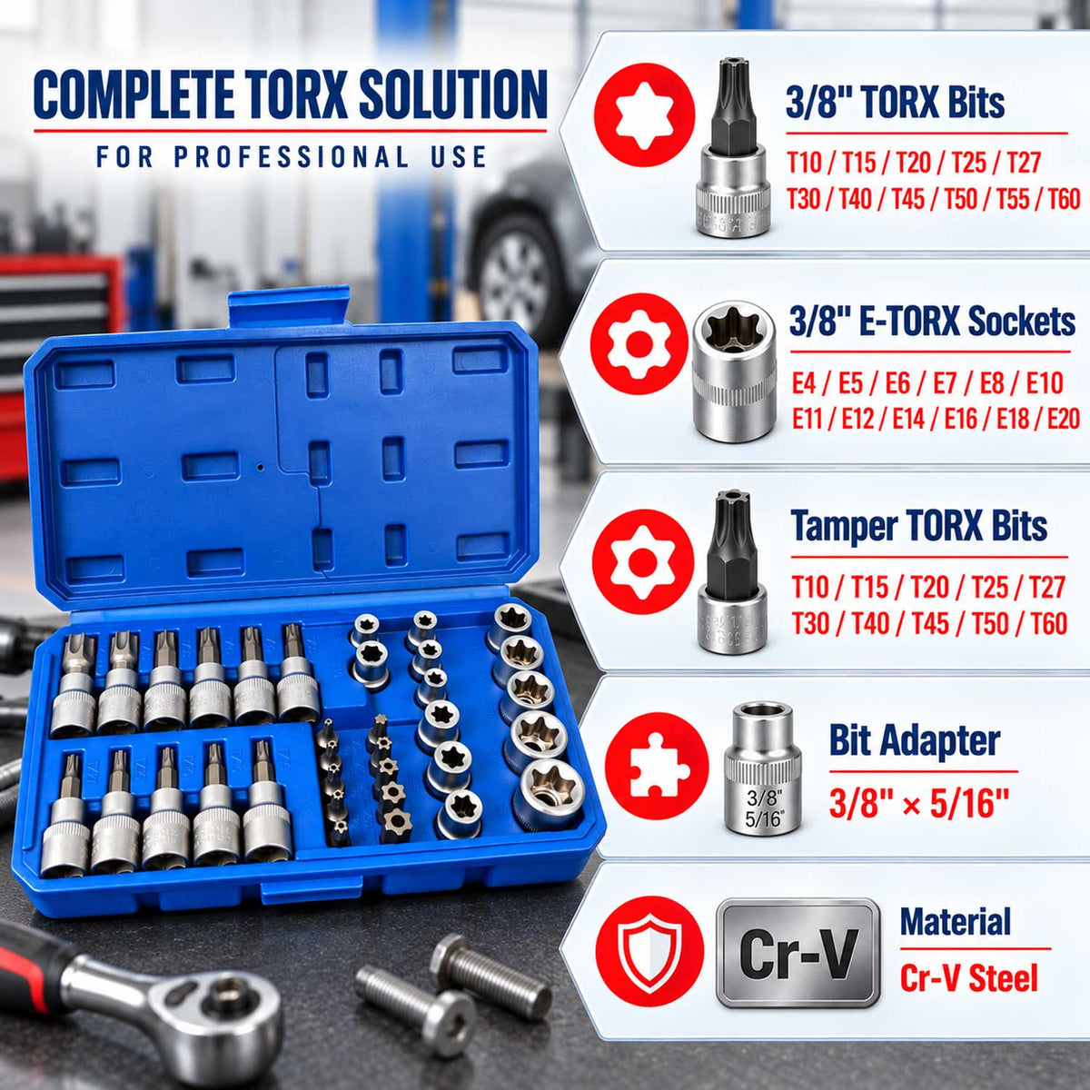 Trusa chei tubulare profil e biti TORX 3/8 34 piese t10-t60 e4-e20 GEBO TOOLS