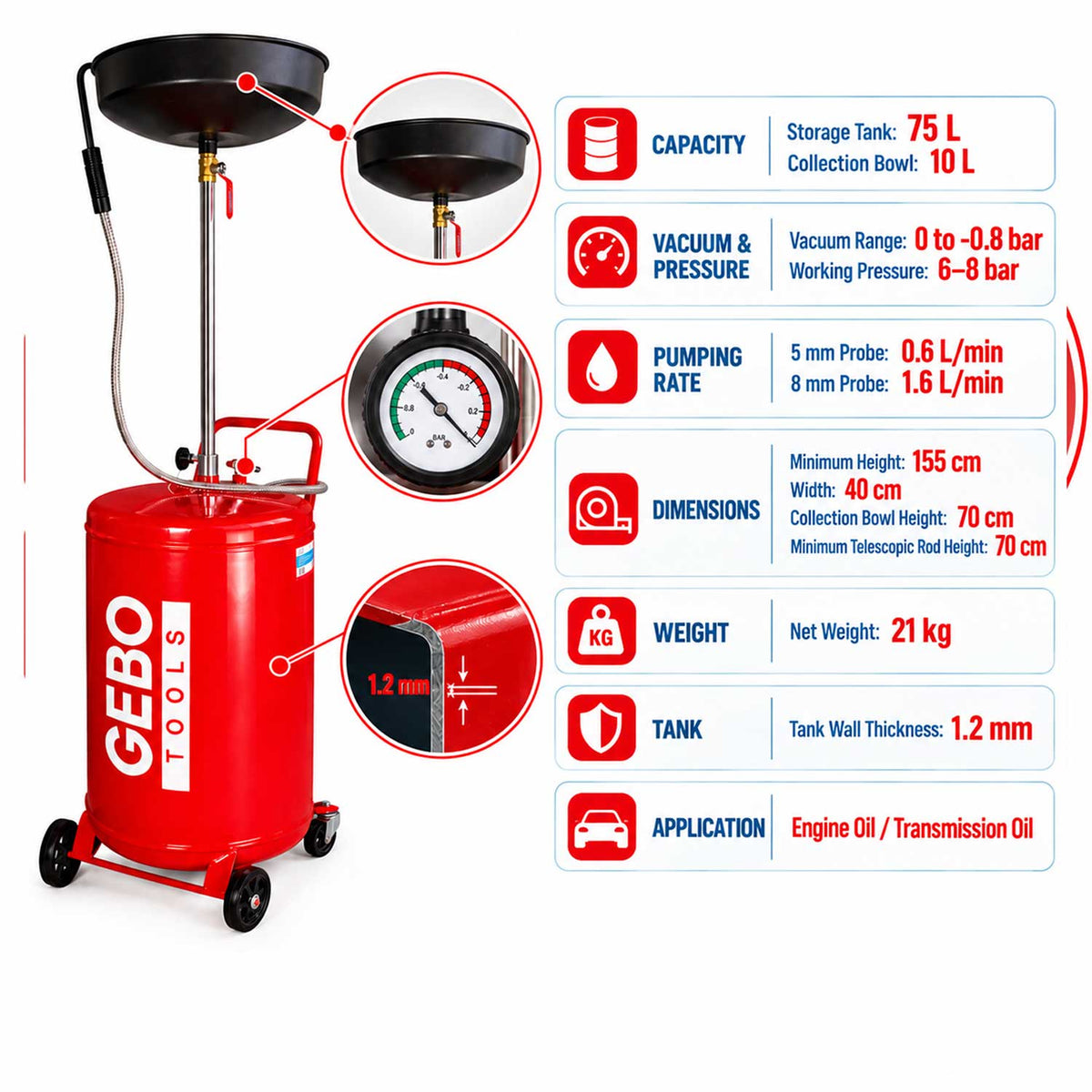 Recuperator ulei uzat pneumatic GEBO TOOLS 75l cu vas colector 10l, golire 6-8 bar, tija reglabila