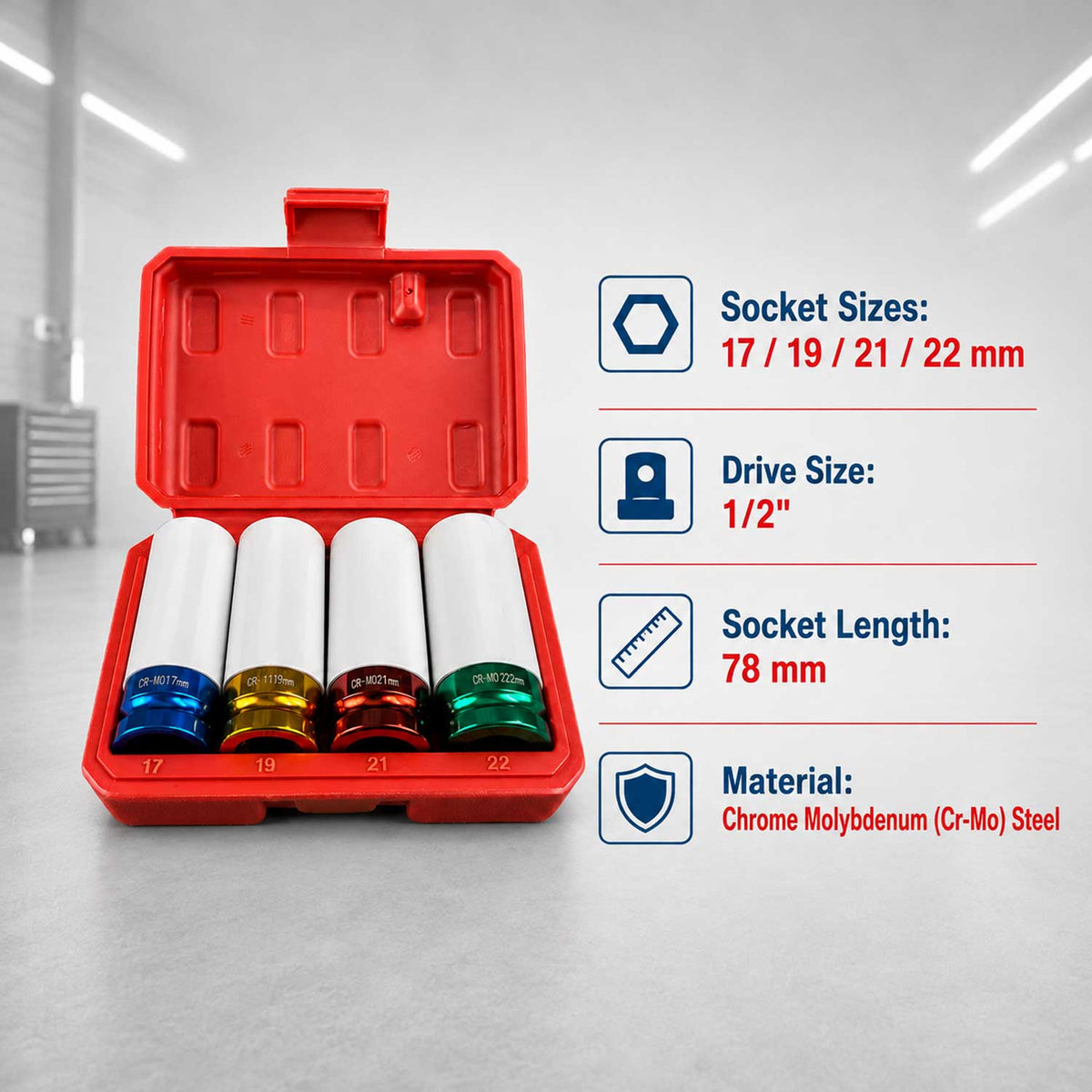 Set 4 tubulare cu protectie pentru jante aliaj 1/2 17-22mm GEBO TOOLS