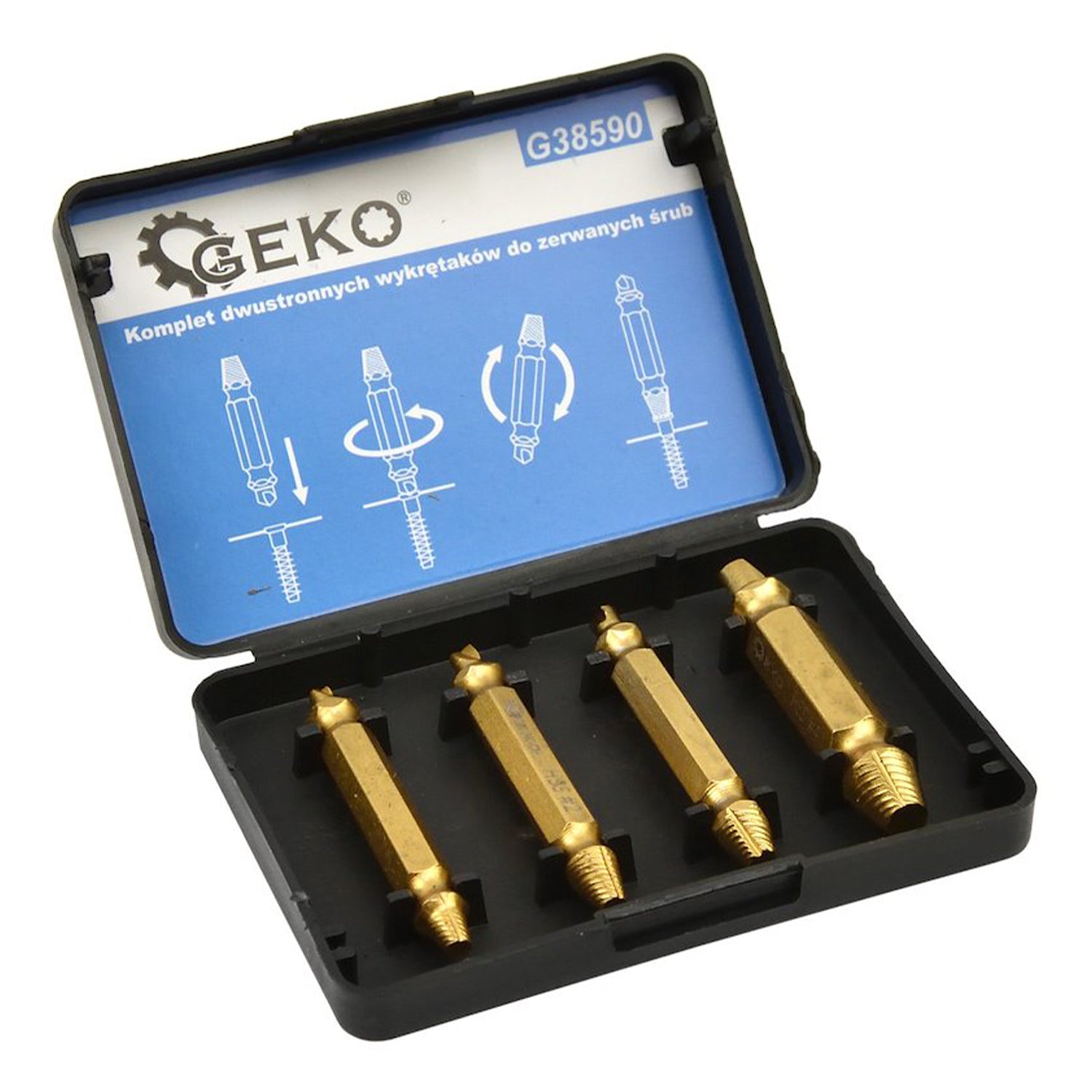 SET 4 EXTRACTOARE DUBLE PENTRU SURUBURI UZATE DETERIORATE RUPTE HSS TiN - GEKO