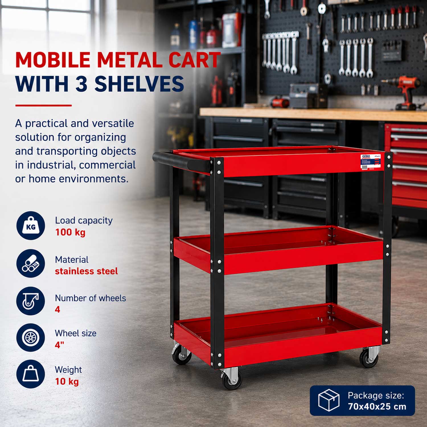 CARUCIOR MOBIL METALIC CU 3 RAFTURI GEBO TOOLS