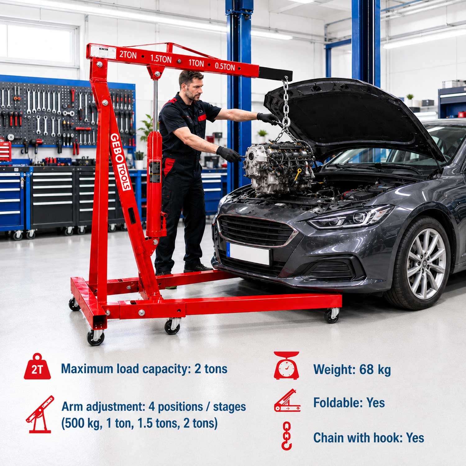 GIRAFA MACARA HIDRAULICA SCOS MOTOR 2T PLIABILA GEBO TOOLS