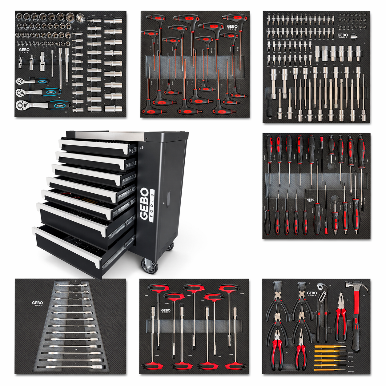 DULAP DE SCULE ECHIPAT PROFESIONAL CU 7 SERTARE 7 MODULE CARBON 262 PIESE GEBO TOOLS