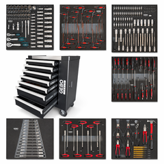 DULAP DE SCULE ECHIPAT PROFESIONAL CU 7 SERTARE 7 MODULE CARBON 262 PIESE GEBO TOOLS