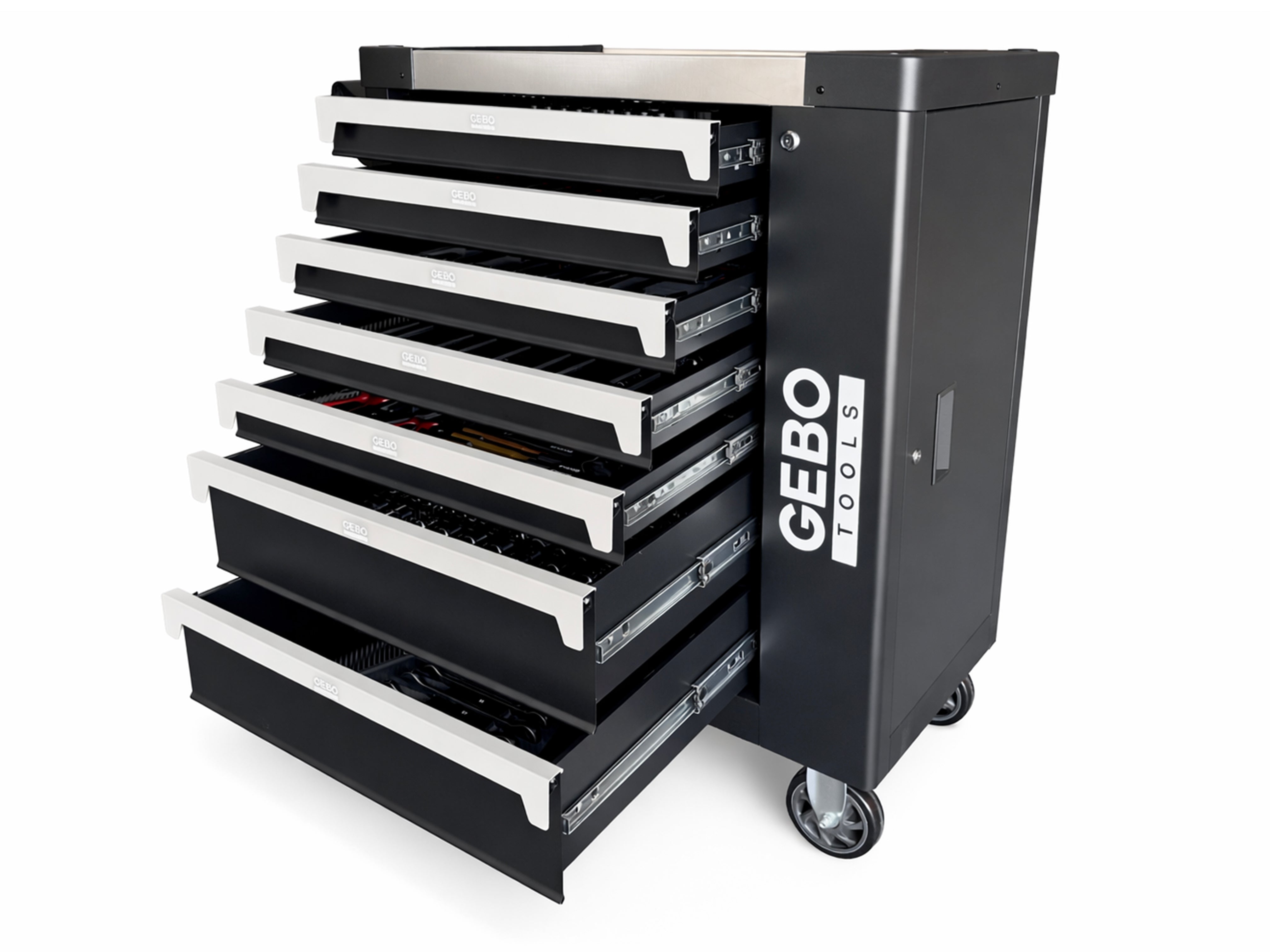 DULAP DE SCULE ECHIPAT PROFESIONAL CU 7 SERTARE 7 MODULE CARBON 262 PIESE GEBO TOOLS