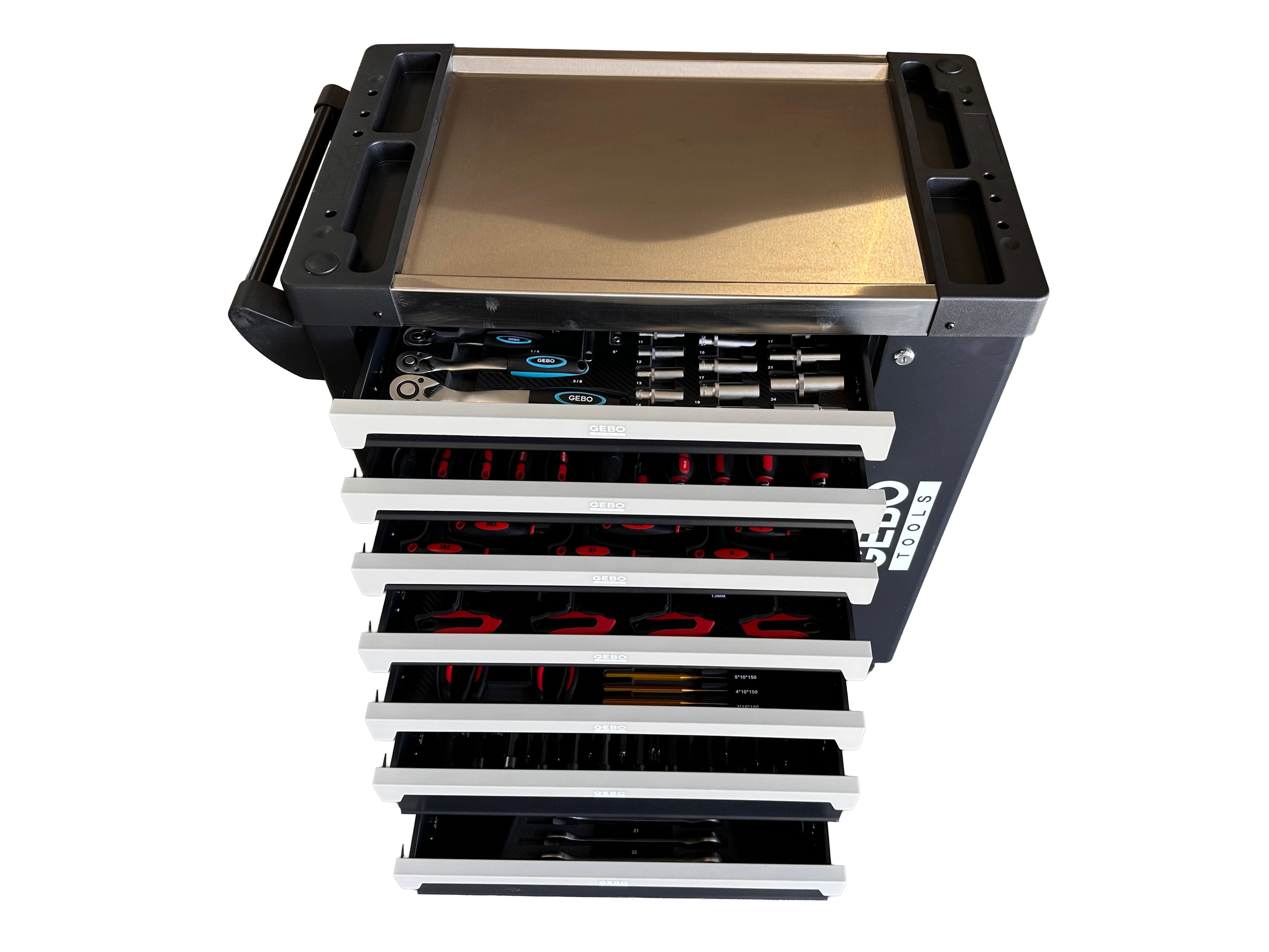 DULAP DE SCULE ECHIPAT PROFESIONAL CU 7 SERTARE 7 MODULE CARBON 262 PIESE GEBO TOOLS