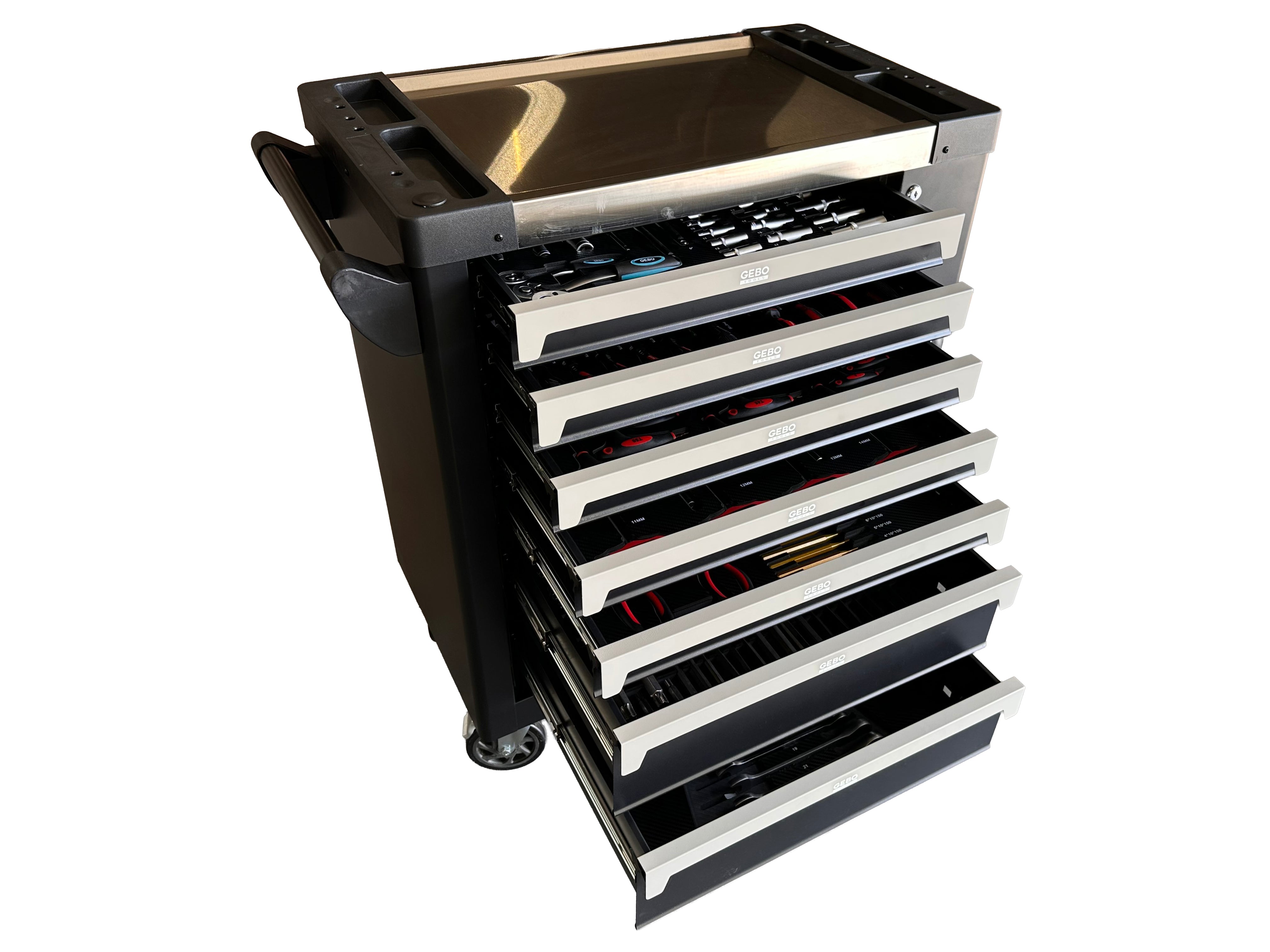 DULAP DE SCULE ECHIPAT PROFESIONAL CU 7 SERTARE 7 MODULE CARBON 262 PIESE GEBO TOOLS