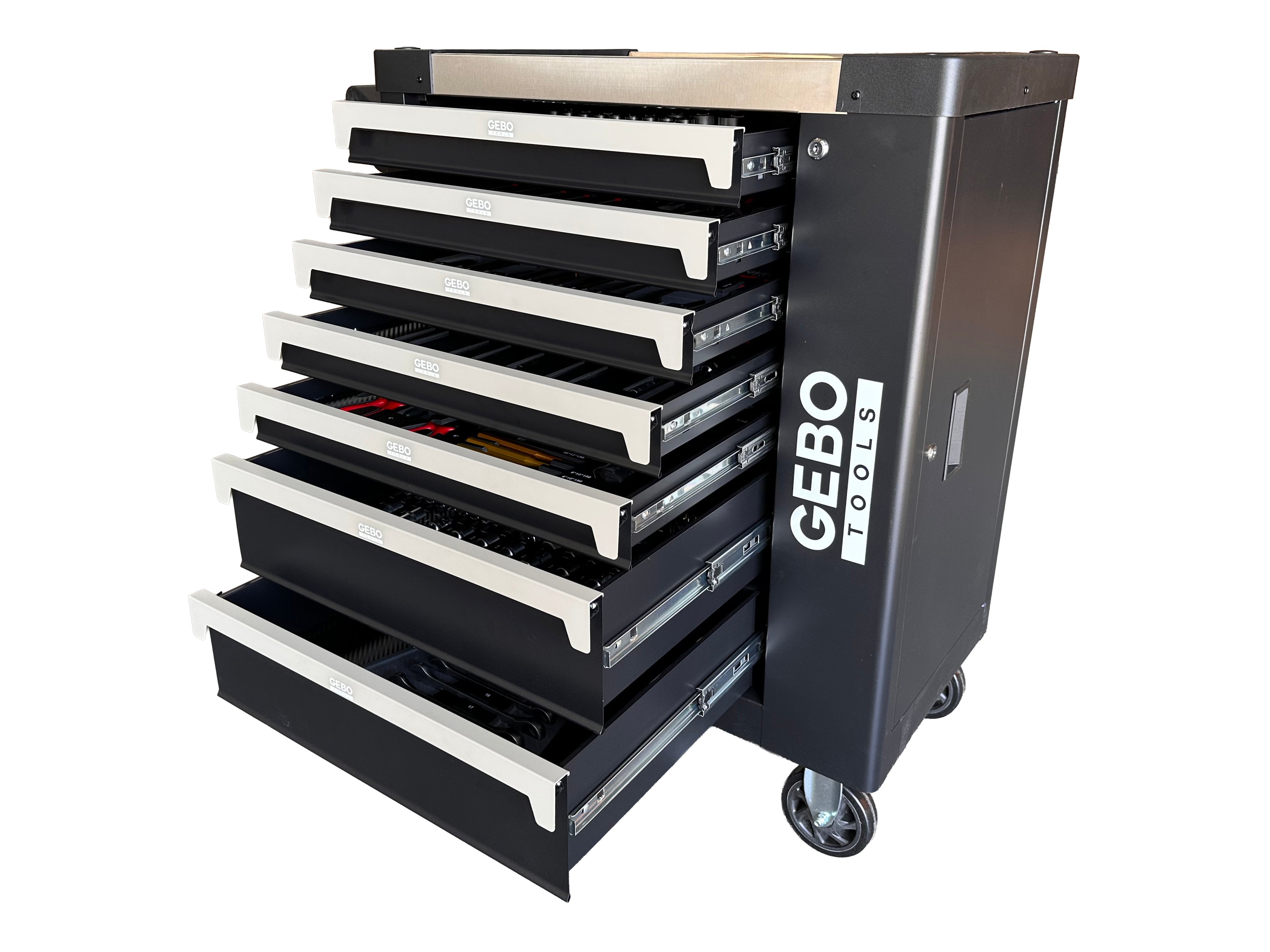 DULAP DE SCULE ECHIPAT PROFESIONAL CU 7 SERTARE 7 MODULE CARBON 262 PIESE GEBO TOOLS