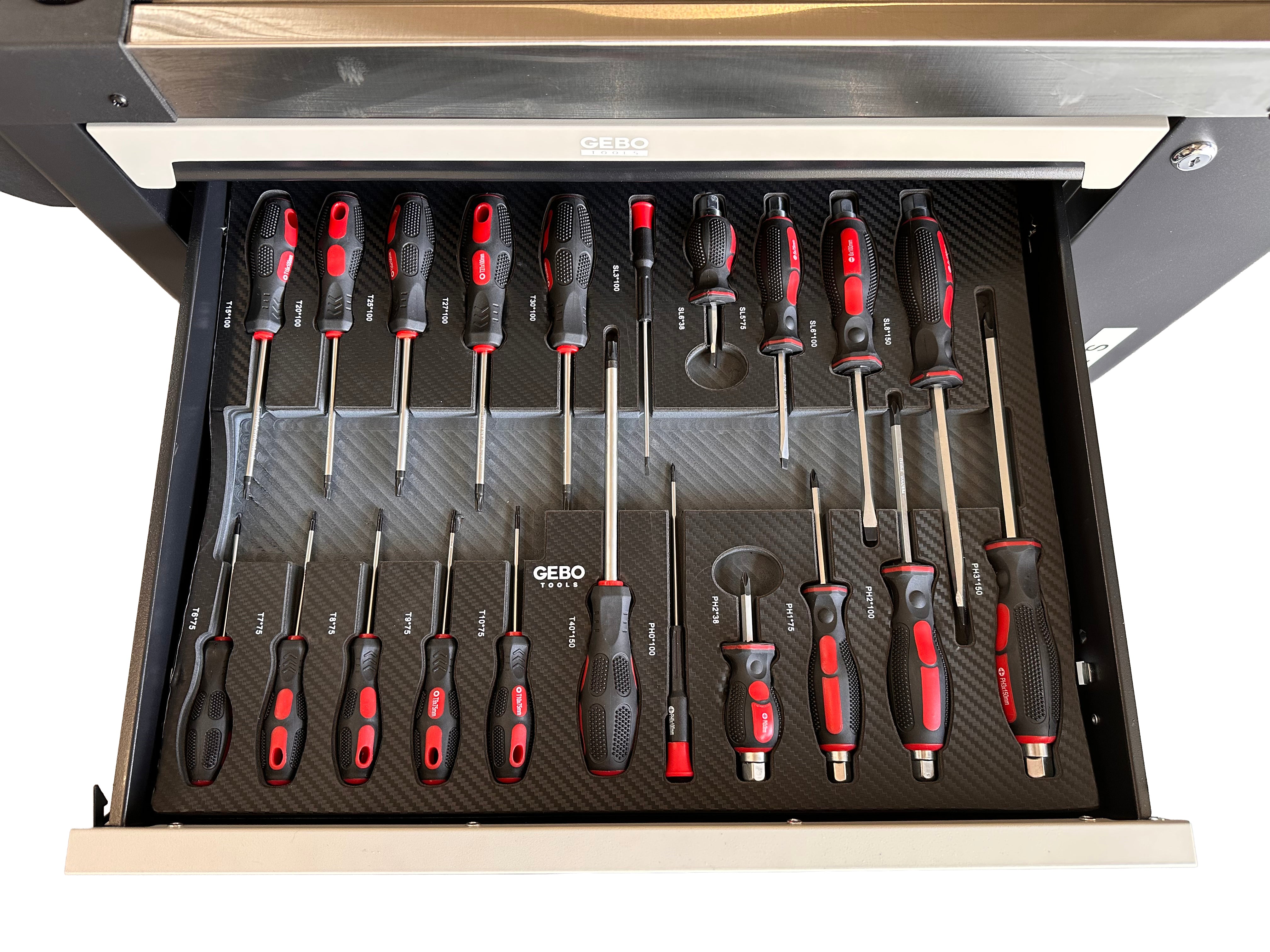 DULAP DE SCULE ECHIPAT PROFESIONAL CU 7 SERTARE 7 MODULE CARBON 262 PIESE GEBO TOOLS