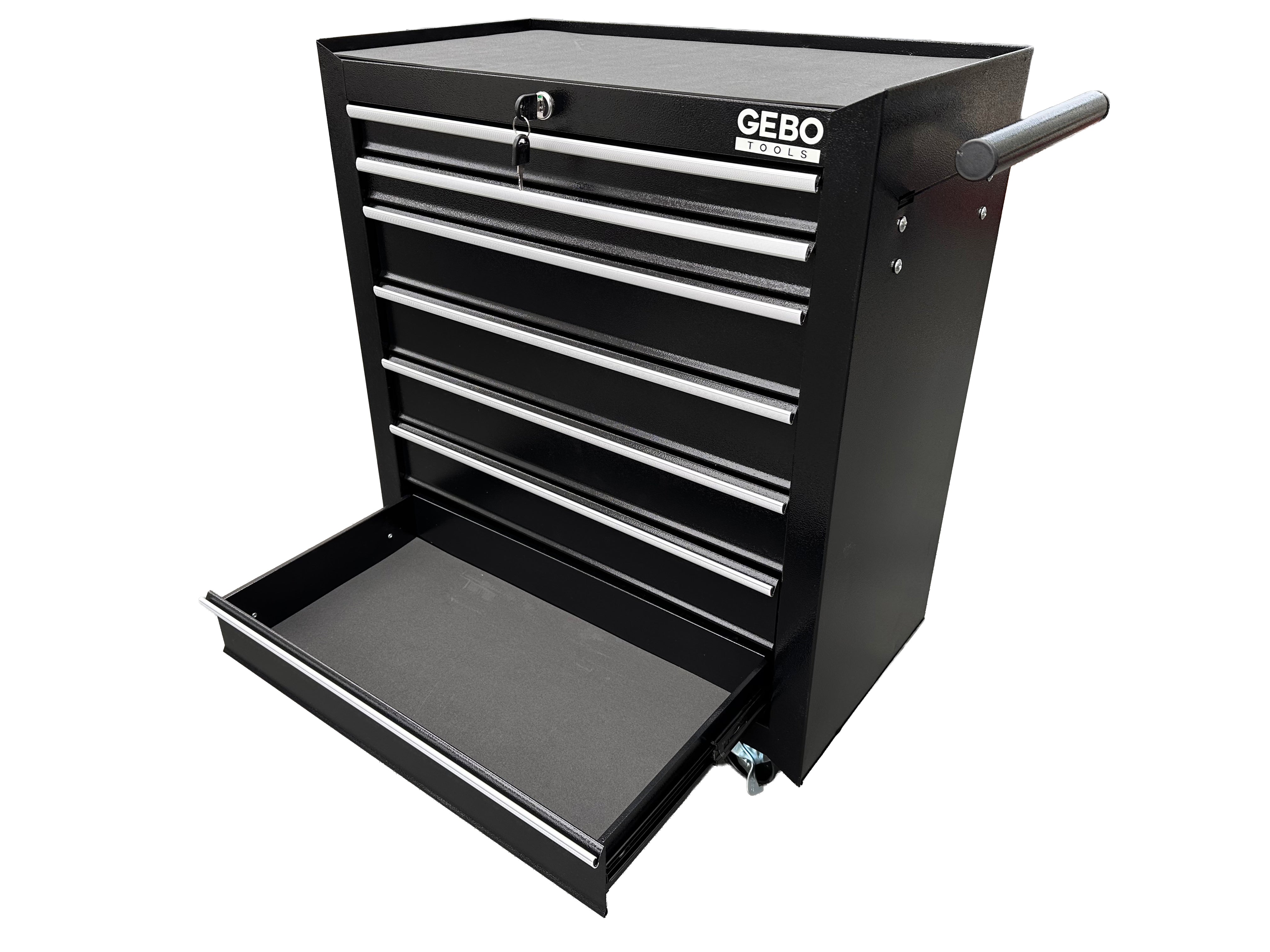 DULAP METALIC NEECHIPAT PENTRU SCULE, CU 7 SERTARE, NEGRU, CU ROTI 78 X 62 X 33 CM GEBO TOOLS