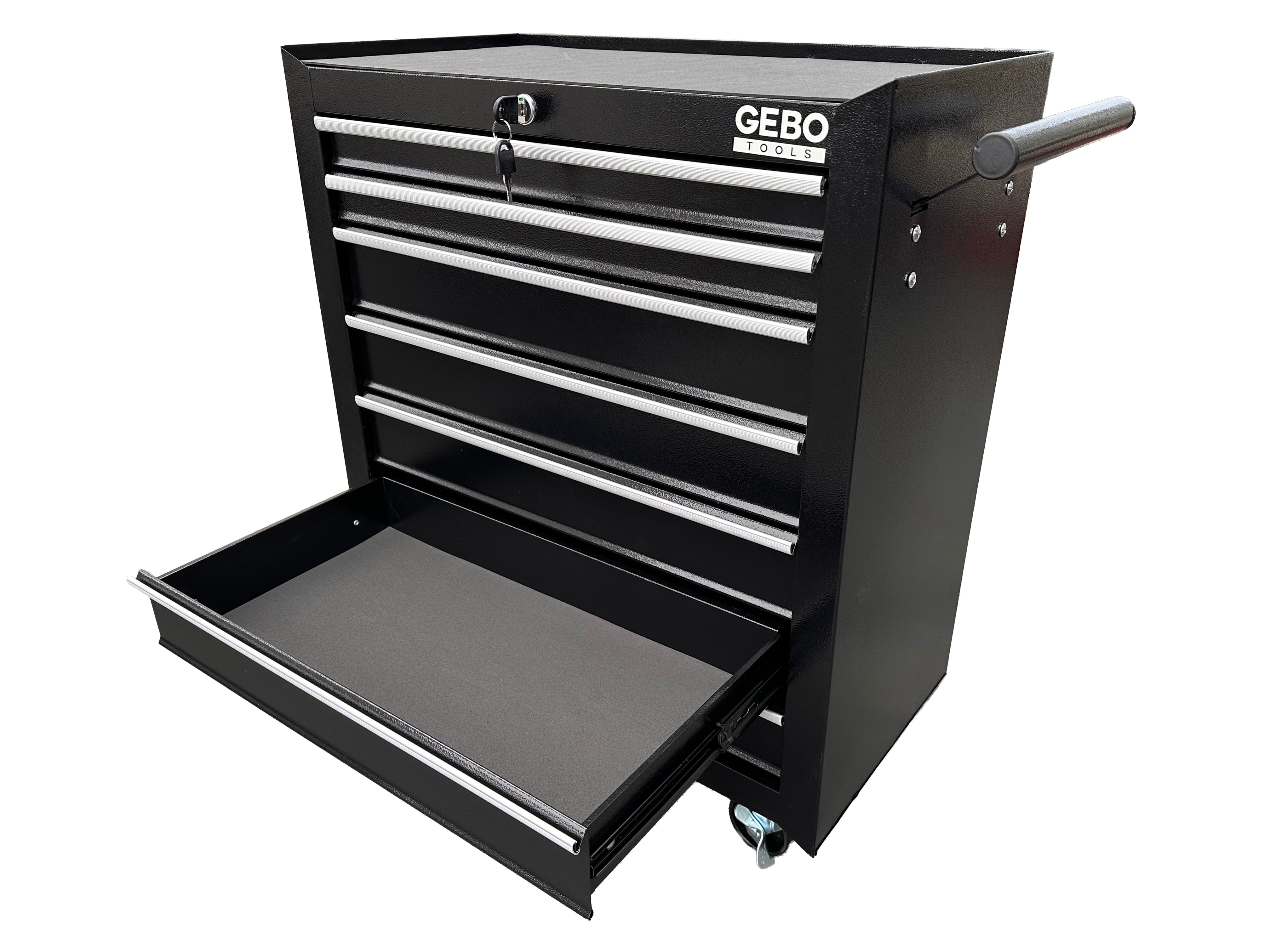 DULAP METALIC NEECHIPAT PENTRU SCULE, CU 7 SERTARE, NEGRU, CU ROTI 78 X 62 X 33 CM GEBO TOOLS
