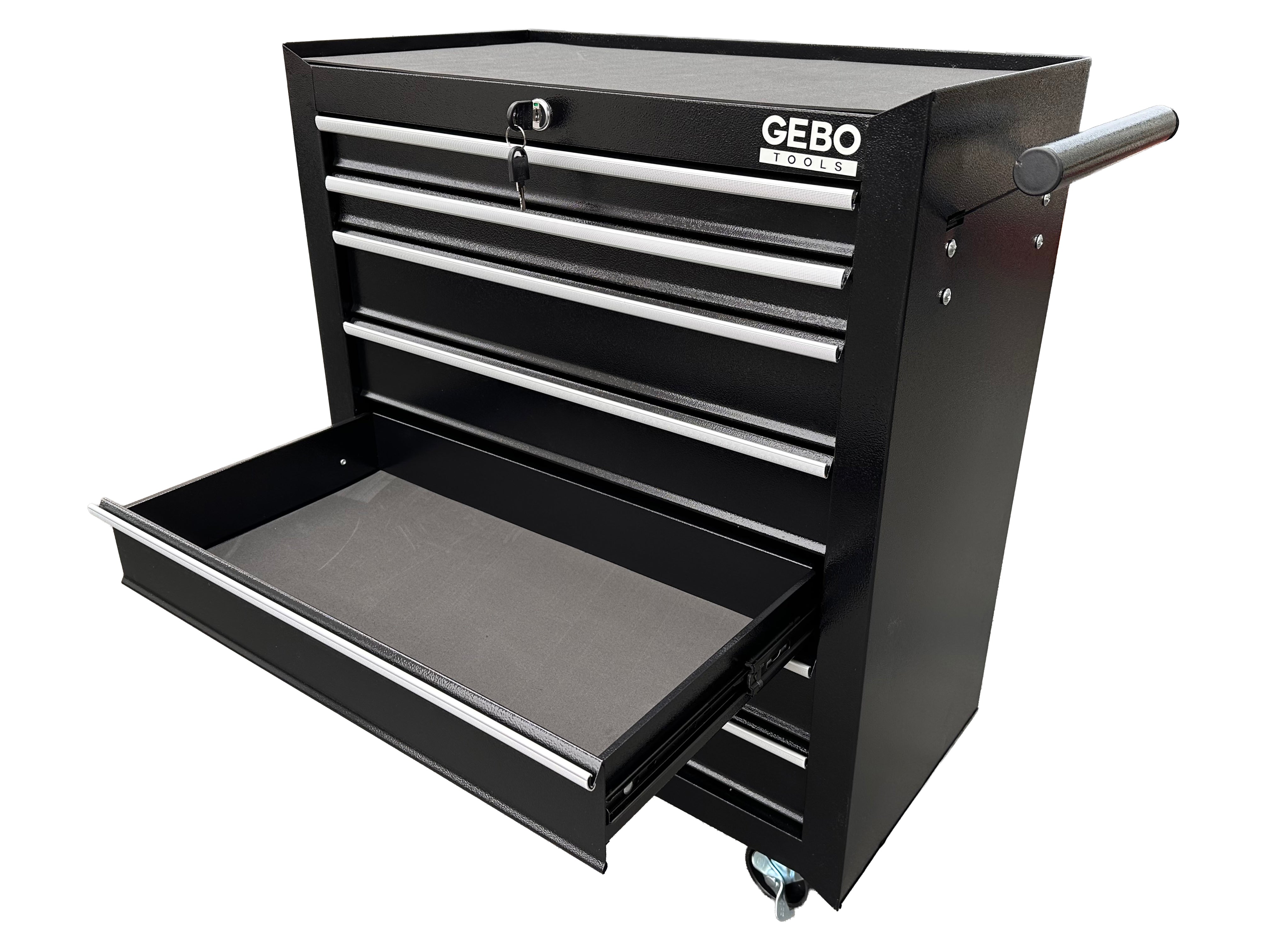 DULAP METALIC NEECHIPAT PENTRU SCULE, CU 7 SERTARE, NEGRU, CU ROTI 78 X 62 X 33 CM GEBO TOOLS