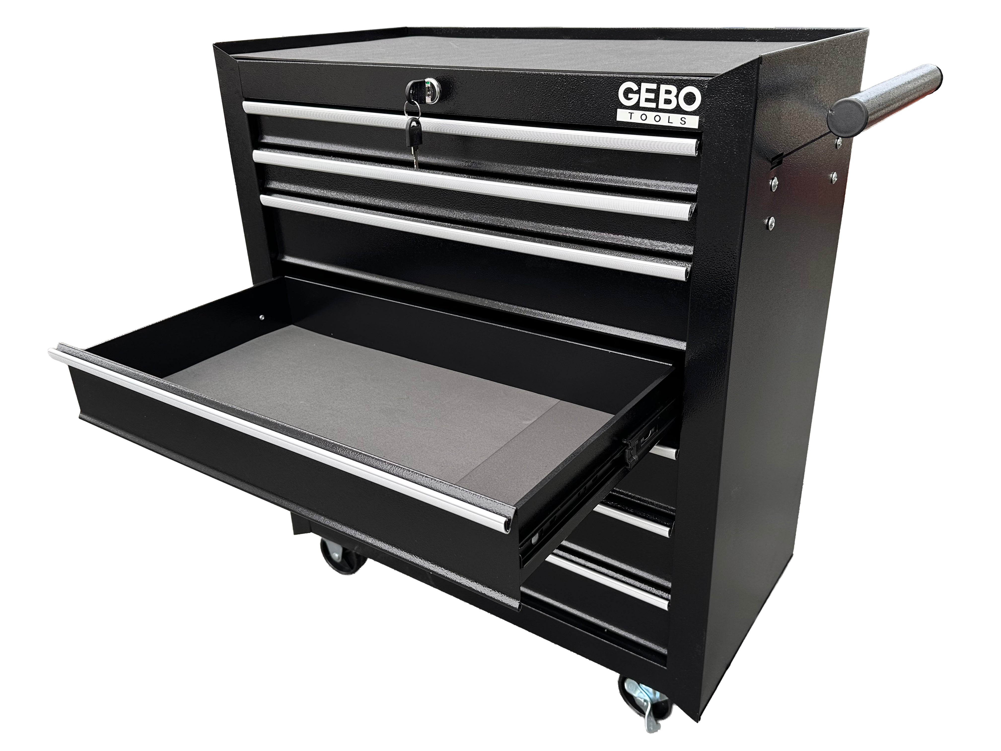 DULAP METALIC NEECHIPAT PENTRU SCULE, CU 7 SERTARE, NEGRU, CU ROTI 78 X 62 X 33 CM GEBO TOOLS