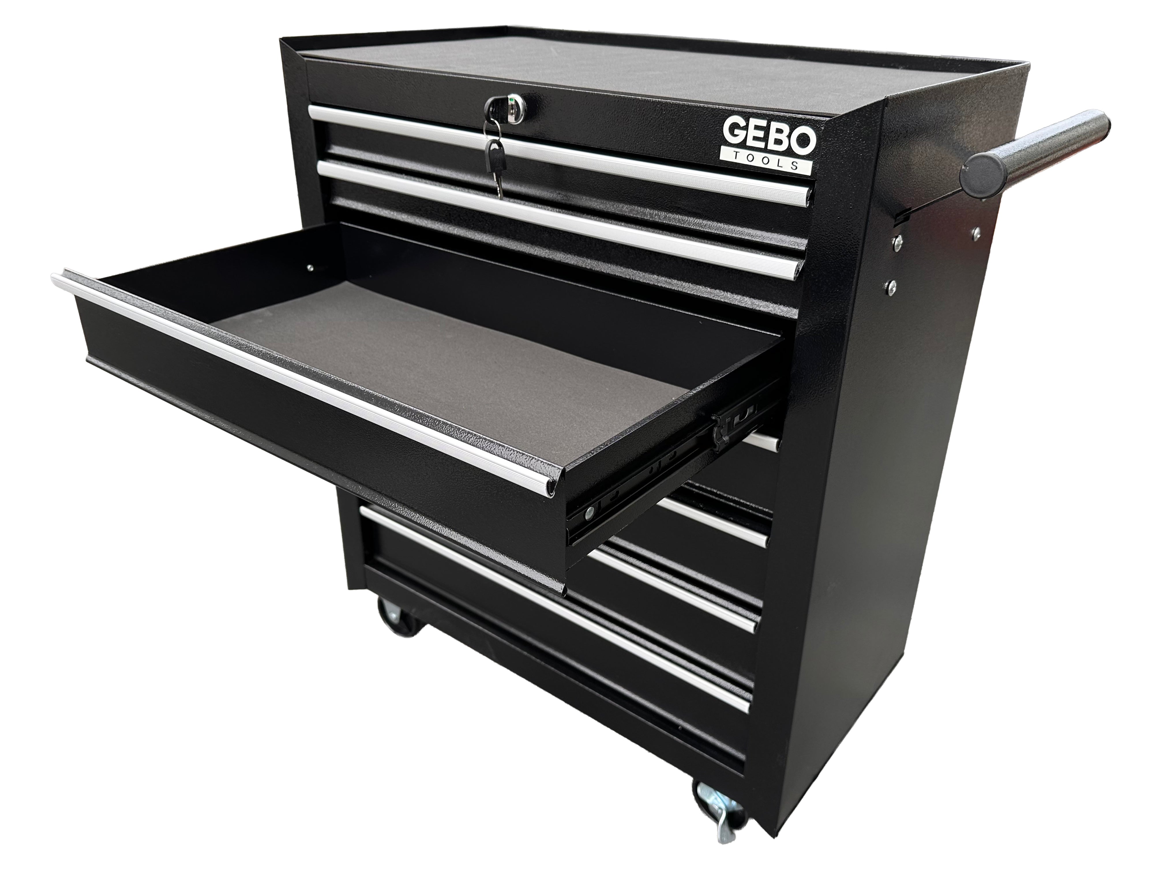DULAP METALIC NEECHIPAT PENTRU SCULE, CU 7 SERTARE, NEGRU, CU ROTI 78 X 62 X 33 CM GEBO TOOLS