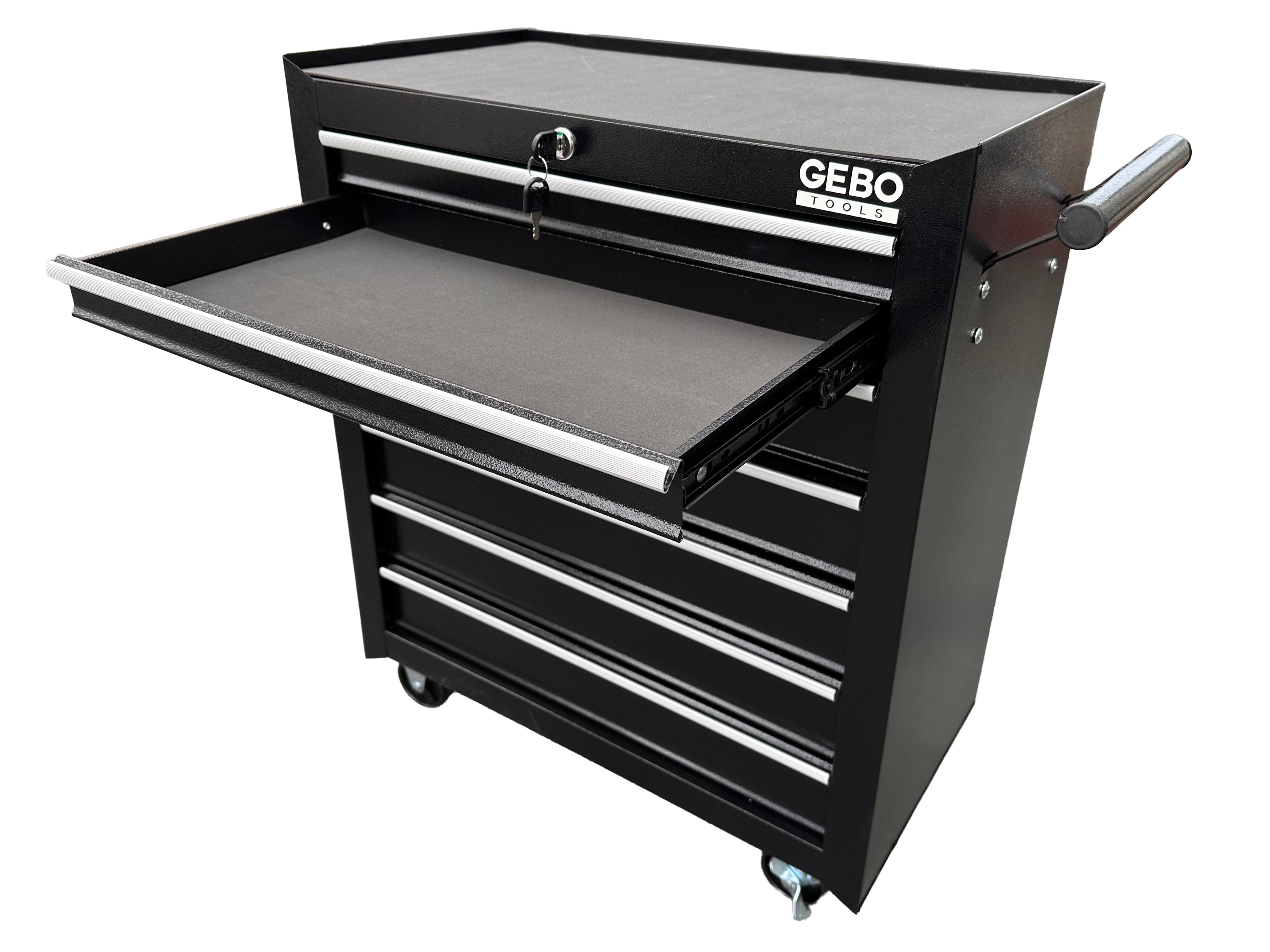 DULAP METALIC NEECHIPAT PENTRU SCULE, CU 7 SERTARE, NEGRU, CU ROTI 78 X 62 X 33 CM GEBO TOOLS