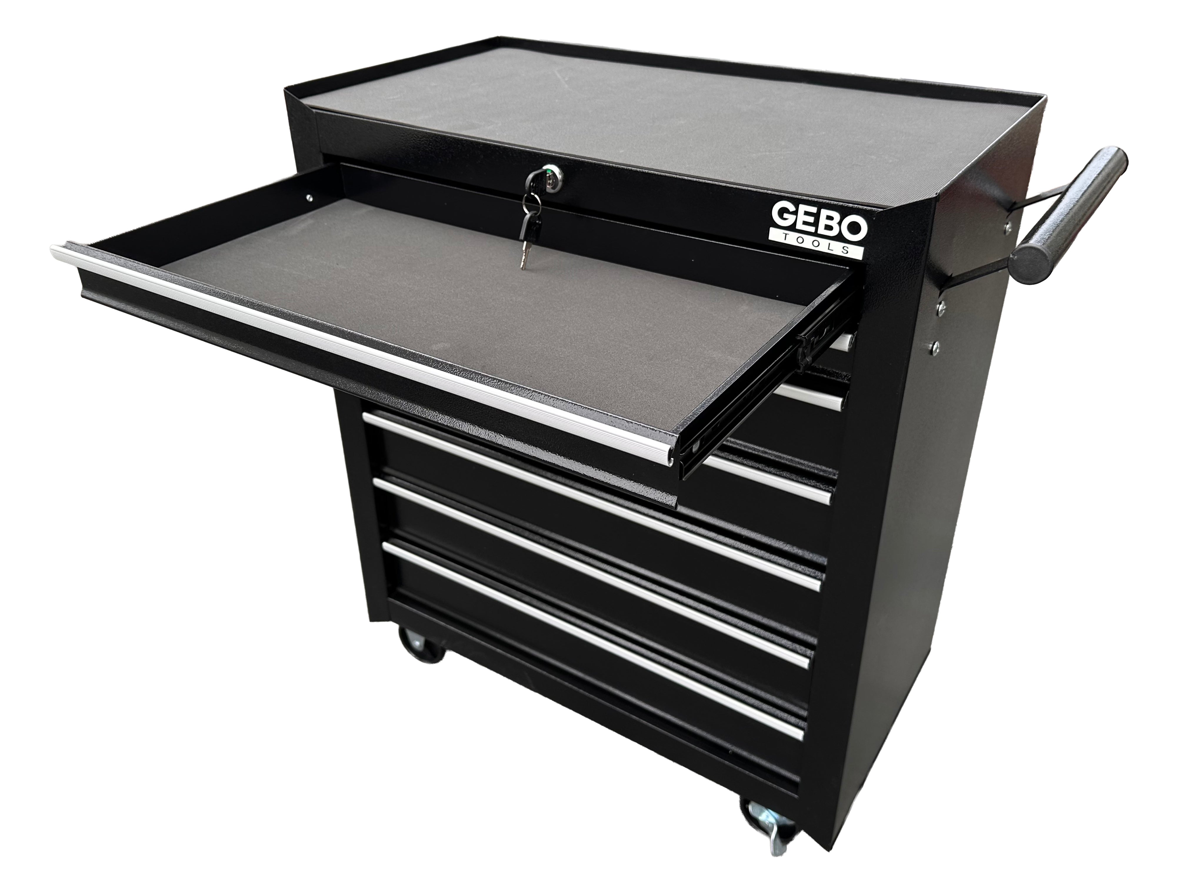 DULAP METALIC NEECHIPAT PENTRU SCULE, CU 7 SERTARE, NEGRU, CU ROTI 78 X 62 X 33 CM GEBO TOOLS
