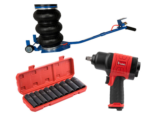 PACHET CRIC PERNA AER 3.5T GEBO TOOLS + PISTOL PNEUMATIC 1/2" + SET TUBULARE IMPACT 13-26 MM