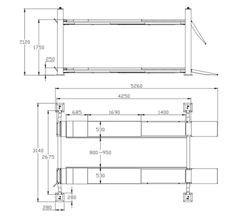 Elevator auto cu 4 coloane 4T 380V cu cric canal incorporat pentru geometrie REDATS L-420