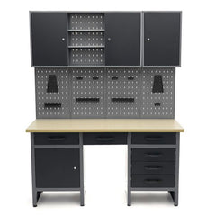 BANC DE LUCRU METALIC CU 6 SERTARE, PANOU SCULE SI DULAPURI 160CM HBM
