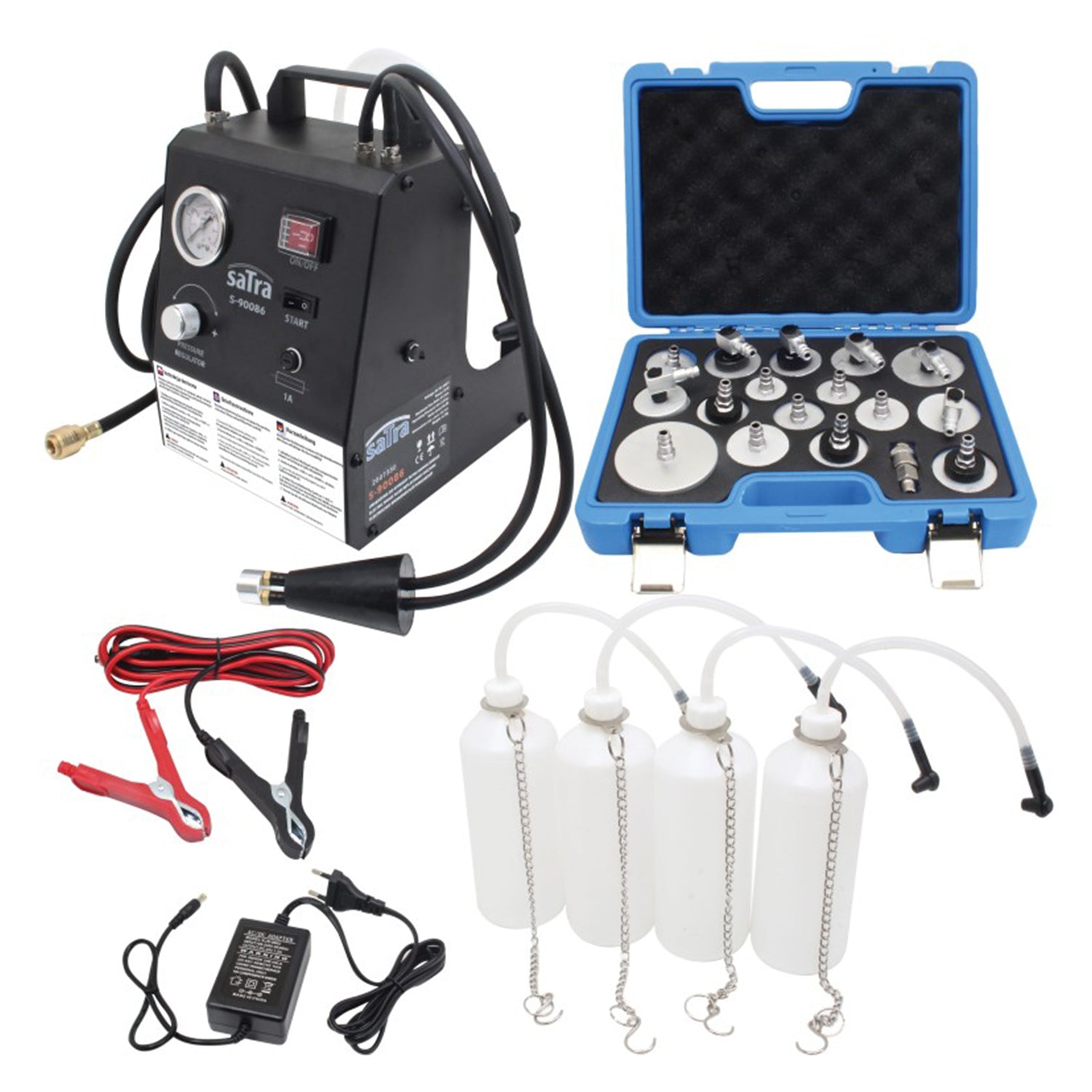 Aparat electric pentru schimb si aerisire lichid de frana cu 17 adaptoare 0.6-3.0 bar - 12V / 230V - universal abs/esp -  SATRA