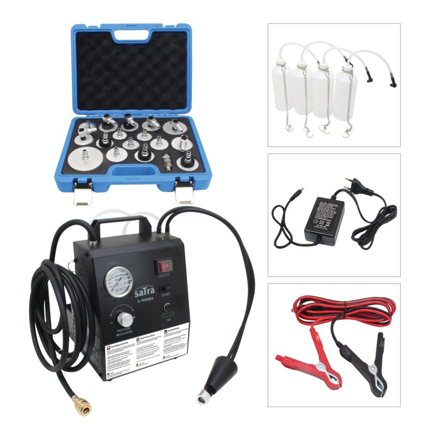 Aparat electric pentru schimb si aerisire lichid de frana cu 17 adaptoare 0.6-3.0 bar - 12V / 230V - universal abs/esp -  SATRA