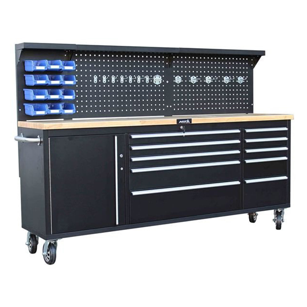 Banc de lucru dulap scule 11 sertare profesional cu blat din lemn si panou 214cm