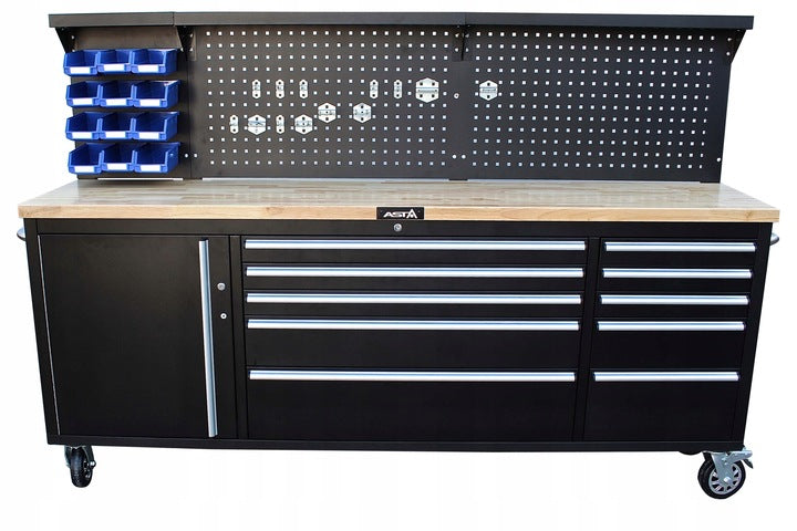 Banc de lucru dulap scule 11 sertare profesional cu blat din lemn si panou 214cm