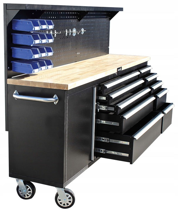Banc de lucru dulap scule 11 sertare profesional cu blat din lemn si panou 214cm