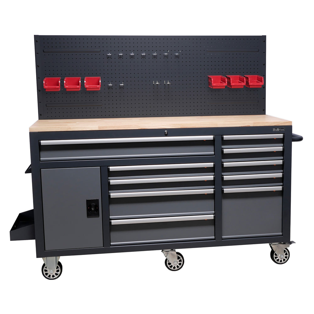Banc de lucru metalic 10 sertare, blat lemn masiv, panou scule - bullram
