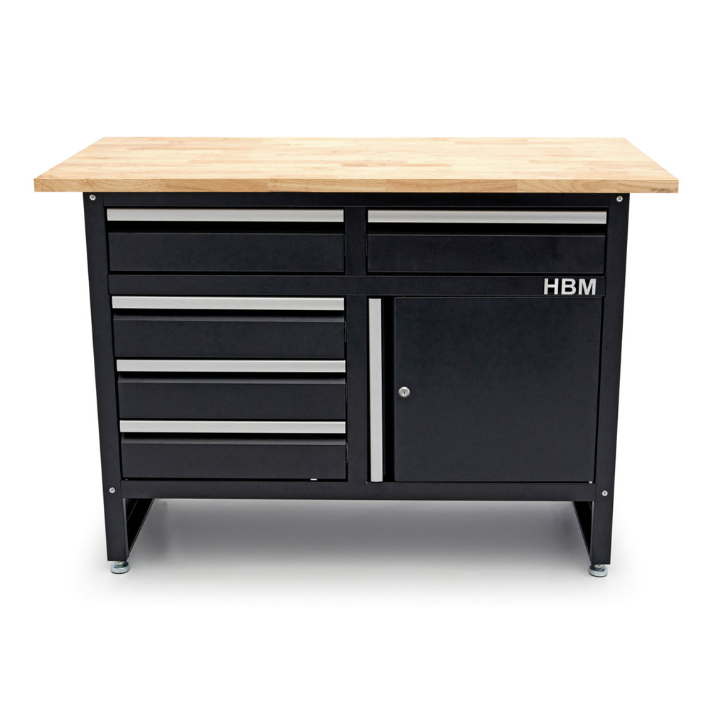 Banc de lucru metalic 120 cm cu 5 sertare 1 usa si blat din lemn masiv HBM